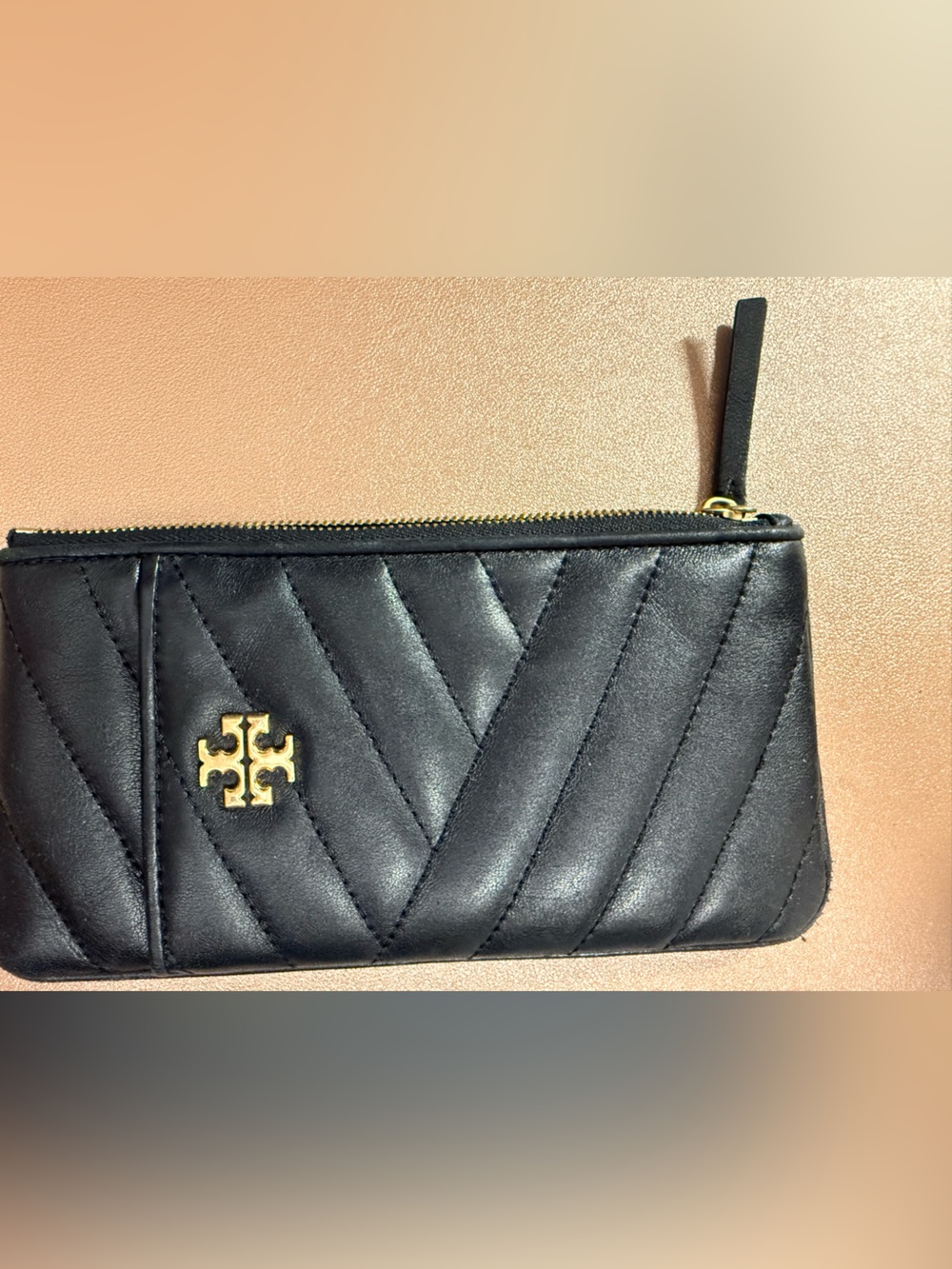 Tory Burch Black Quilted Leather Zip Wallet with Gold Logo Accent